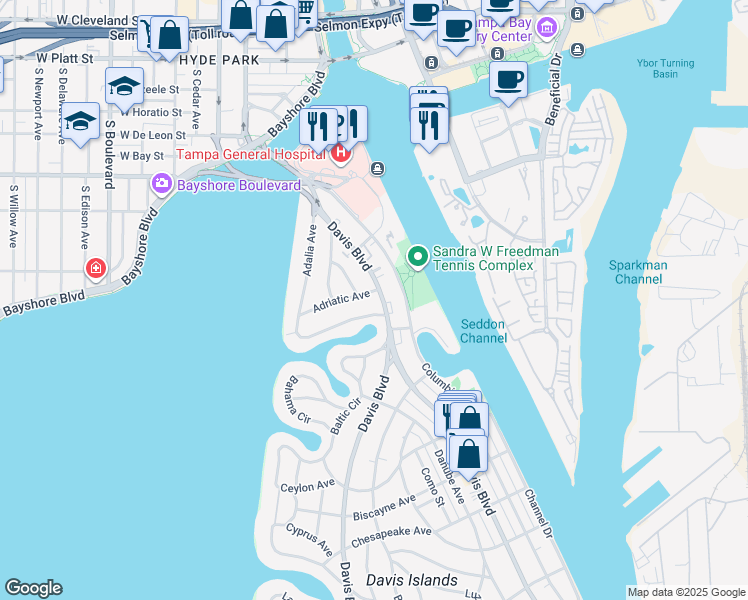 map of restaurants, bars, coffee shops, grocery stores, and more near 70 Davis Boulevard in Tampa