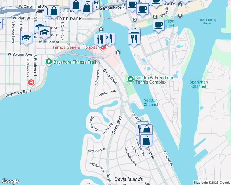 map of restaurants, bars, coffee shops, grocery stores, and more near 59 Albemarle Avenue in Tampa