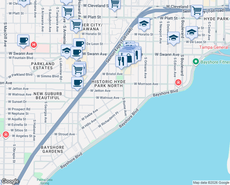 map of restaurants, bars, coffee shops, grocery stores, and more near 1701 1/2 West Jetton Avenue in Tampa