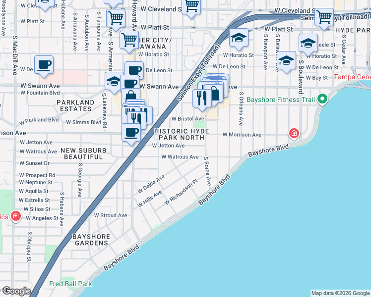 map of restaurants, bars, coffee shops, grocery stores, and more near in Tampa