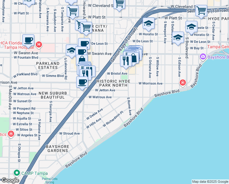 map of restaurants, bars, coffee shops, grocery stores, and more near 1801 West Jetton Avenue in Tampa