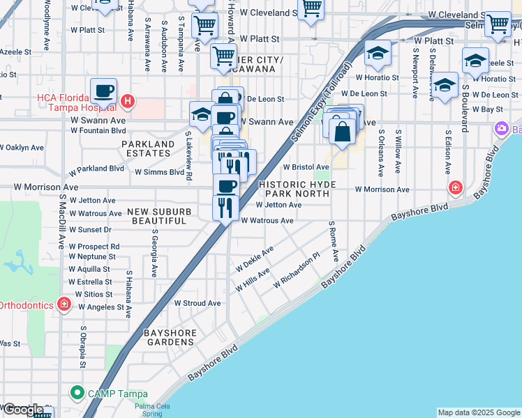 map of restaurants, bars, coffee shops, grocery stores, and more near 1815 West Jetton Avenue in Tampa