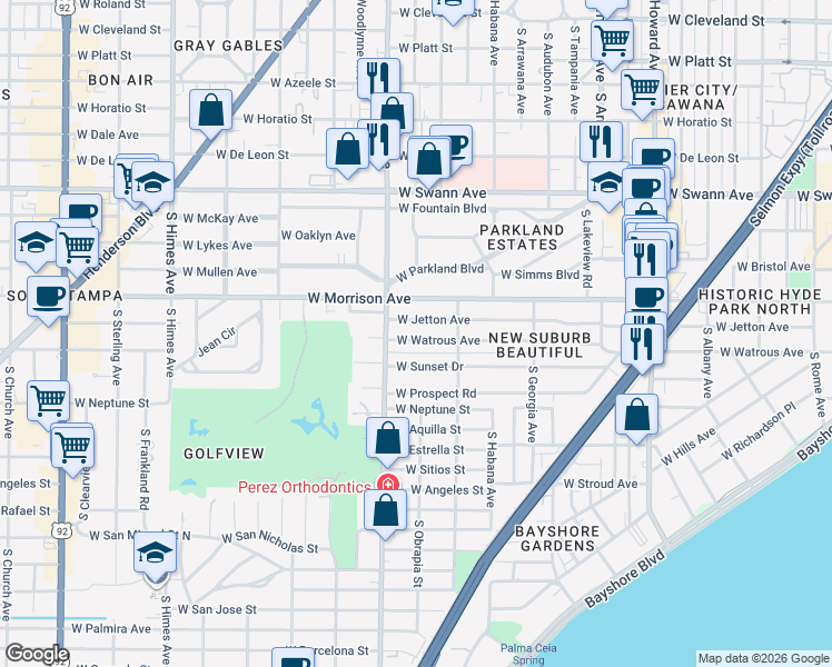 map of restaurants, bars, coffee shops, grocery stores, and more near 2722 West Jetton Avenue in Tampa