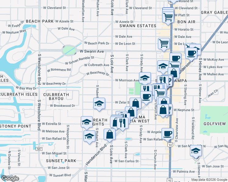 map of restaurants, bars, coffee shops, grocery stores, and more near 1007 Morrison Court in Tampa