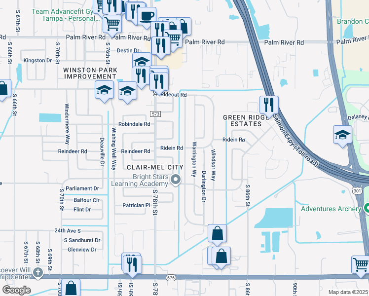 map of restaurants, bars, coffee shops, grocery stores, and more near 7899 Ridein Road in Tampa