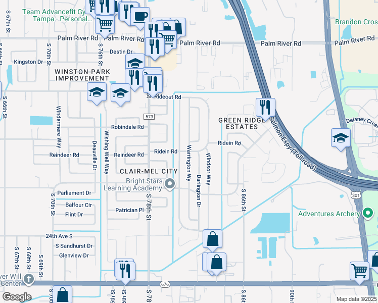 map of restaurants, bars, coffee shops, grocery stores, and more near 7905 Ridein Road in Tampa