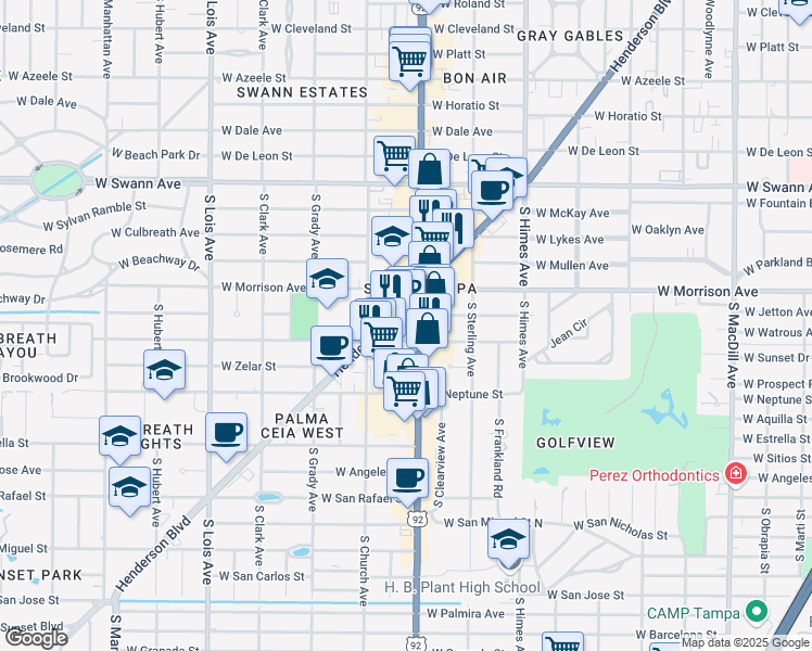 map of restaurants, bars, coffee shops, grocery stores, and more near 1155 South Dale Mabry Highway in Tampa