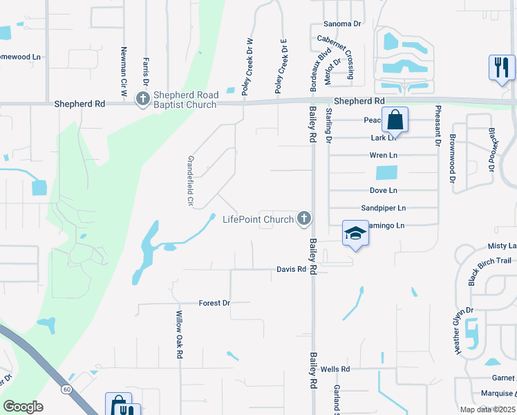 map of restaurants, bars, coffee shops, grocery stores, and more near 161 Heritage Park Lane in Mulberry