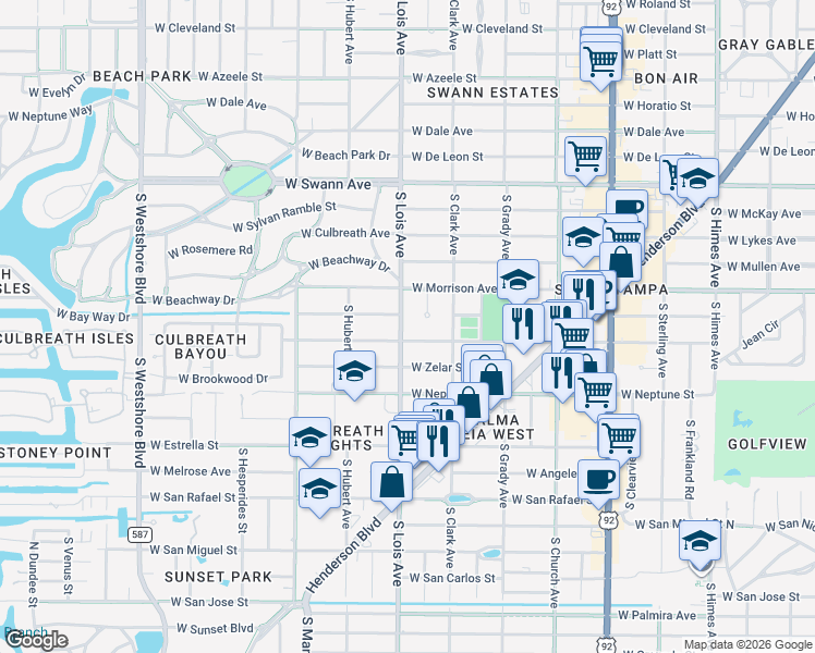 map of restaurants, bars, coffee shops, grocery stores, and more near 1007 Morrison Court in Tampa