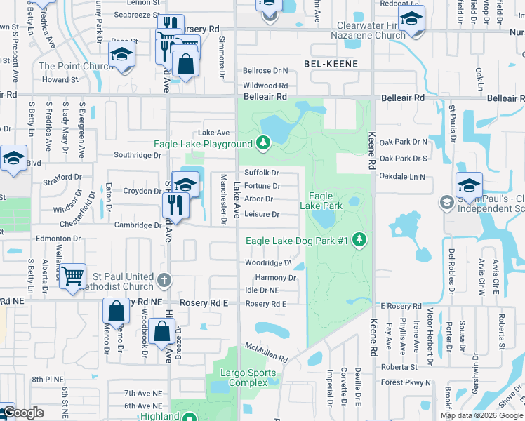map of restaurants, bars, coffee shops, grocery stores, and more near 1636 Leisure Drive in Clearwater