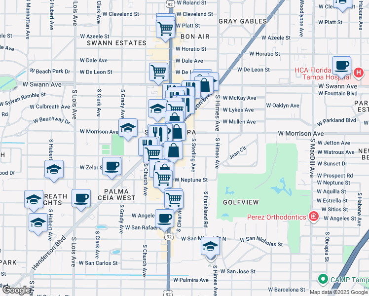map of restaurants, bars, coffee shops, grocery stores, and more near 3712 West Jetton Avenue in Tampa