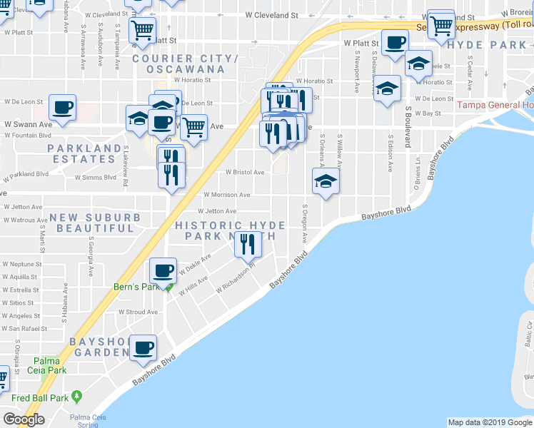 map of restaurants, bars, coffee shops, grocery stores, and more near 1701 West Jetton Avenue in Tampa