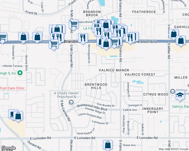 map of restaurants, bars, coffee shops, grocery stores, and more near 515 Sand Ridge Drive in Valrico