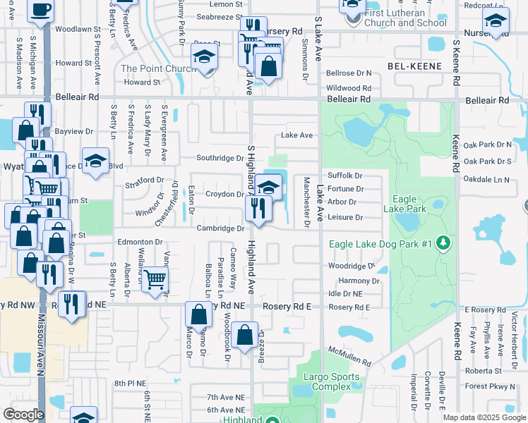 map of restaurants, bars, coffee shops, grocery stores, and more near 1775 South Highland Avenue in Clearwater