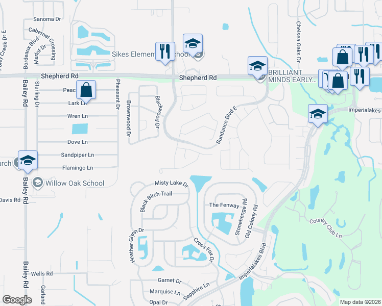 map of restaurants, bars, coffee shops, grocery stores, and more near 3216 Ogden Drive in Mulberry