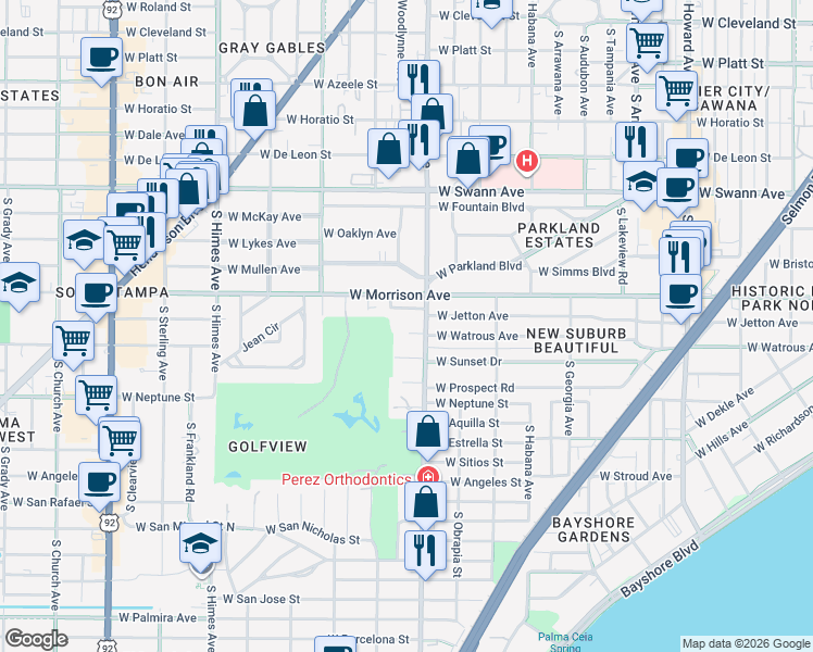 map of restaurants, bars, coffee shops, grocery stores, and more near 3107 West Watrous Avenue in Tampa