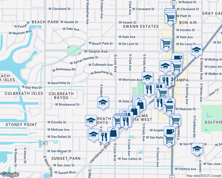 map of restaurants, bars, coffee shops, grocery stores, and more near 4208 West Jetton Avenue in Tampa