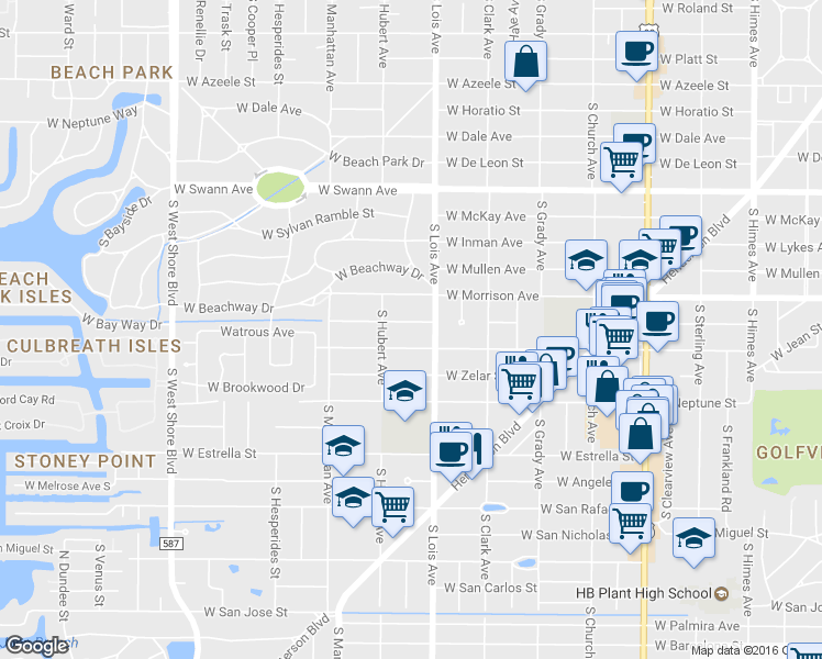 map of restaurants, bars, coffee shops, grocery stores, and more near 4208 West Jetton Avenue in Tampa