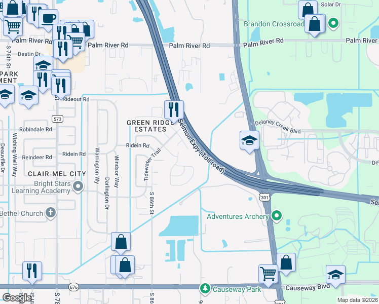 map of restaurants, bars, coffee shops, grocery stores, and more near 8722 Fish Lake Road in Tampa