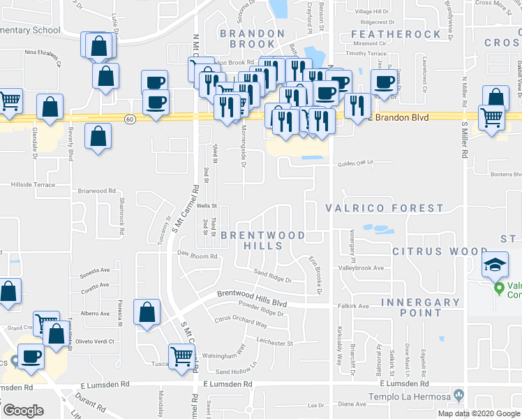 map of restaurants, bars, coffee shops, grocery stores, and more near 515 Sand Ridge Drive in Valrico