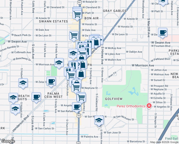 map of restaurants, bars, coffee shops, grocery stores, and more near 3712 West Jetton Avenue in Tampa