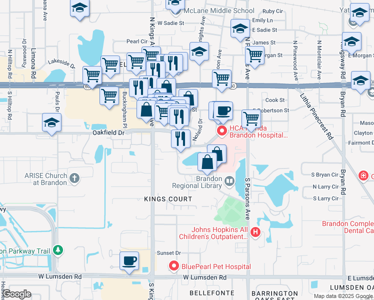 map of restaurants, bars, coffee shops, grocery stores, and more near 505 Oakfield Drive in Brandon