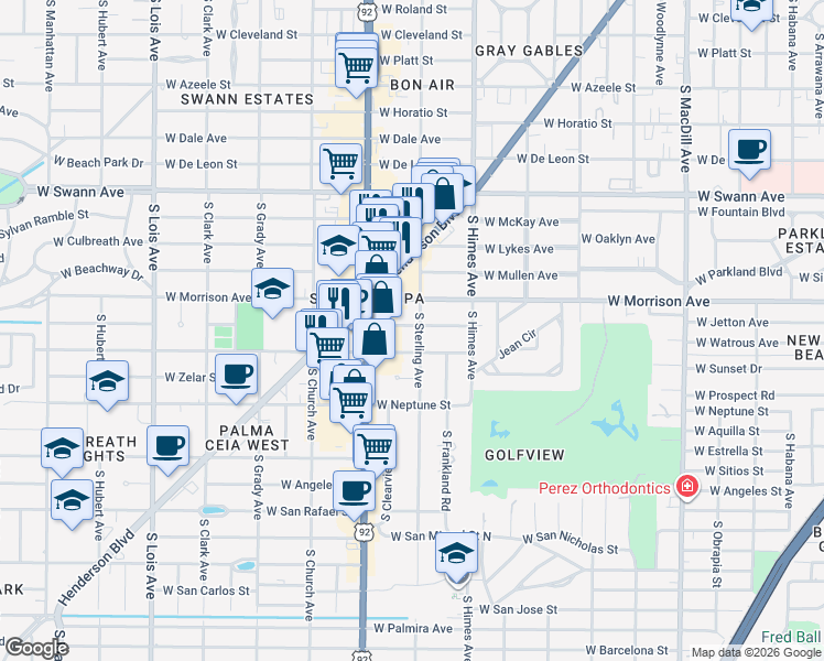 map of restaurants, bars, coffee shops, grocery stores, and more near 3712 West Jetton Avenue in Tampa