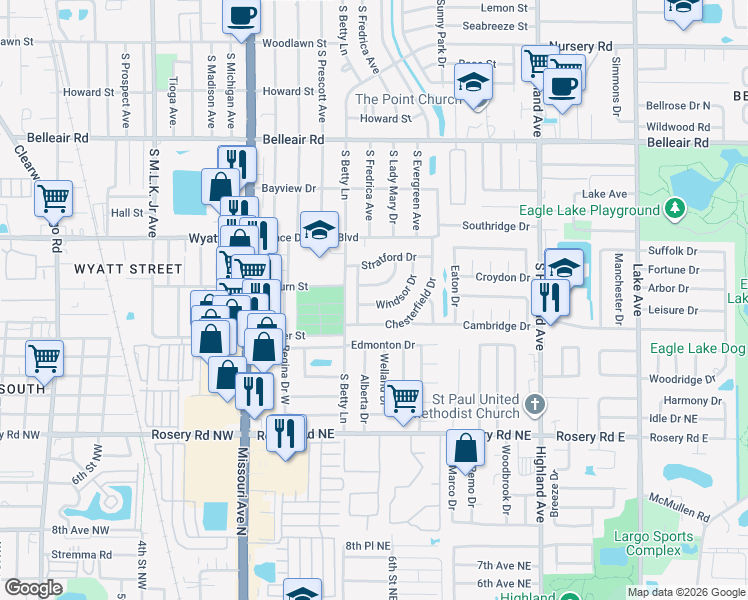 map of restaurants, bars, coffee shops, grocery stores, and more near 1324 Windsor Drive in Clearwater