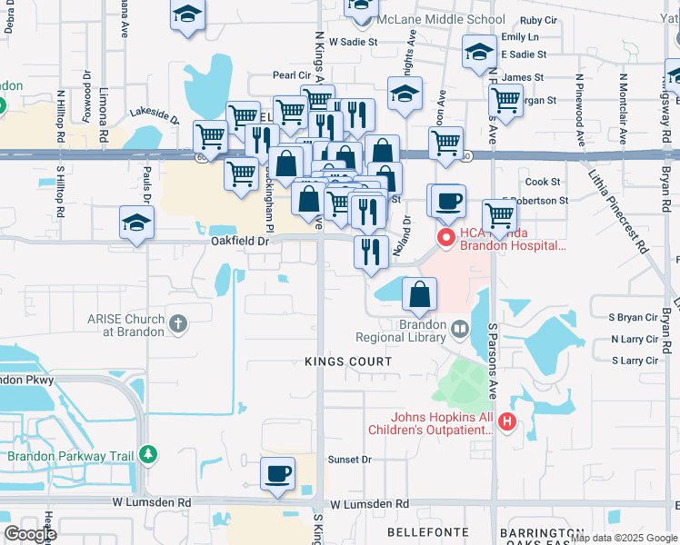 map of restaurants, bars, coffee shops, grocery stores, and more near 625 Medical Care Drive in Brandon