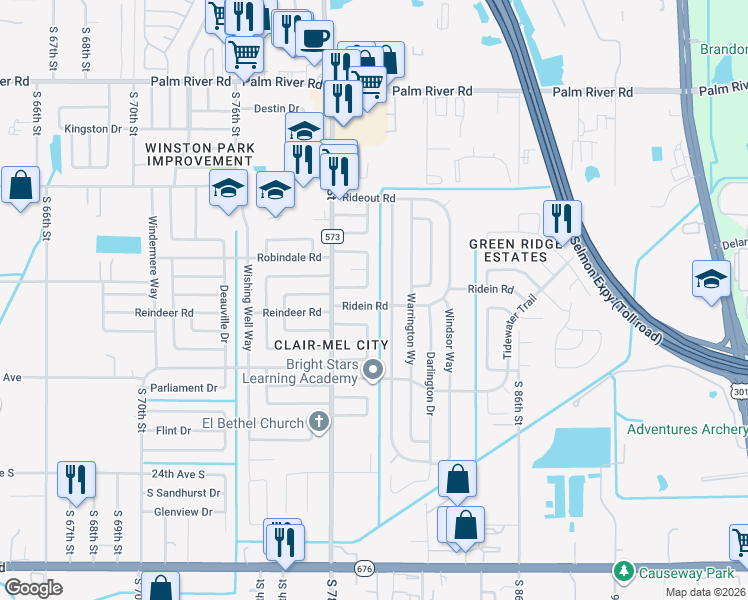 map of restaurants, bars, coffee shops, grocery stores, and more near 1339 Waikiki Way in Tampa