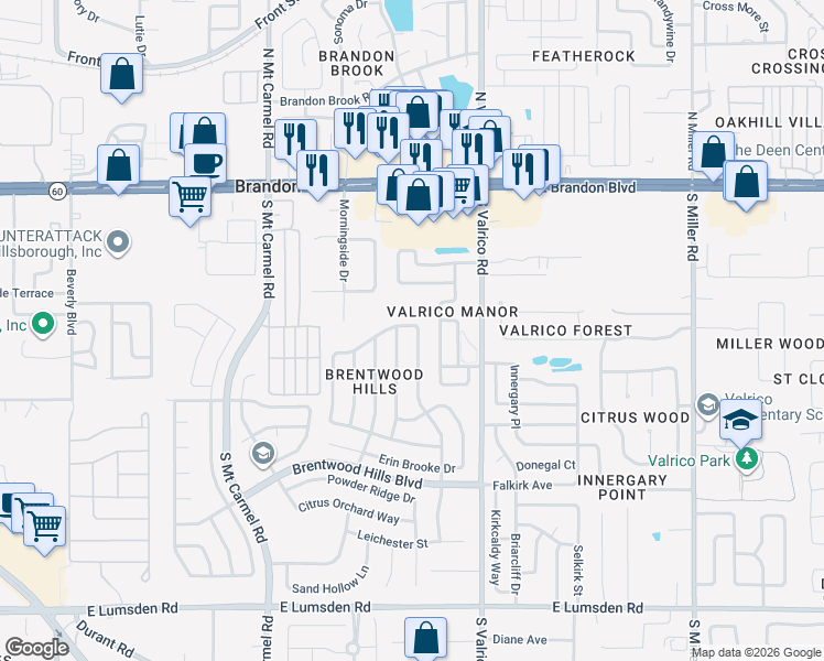 map of restaurants, bars, coffee shops, grocery stores, and more near 616 Sand Ridge Drive in Valrico