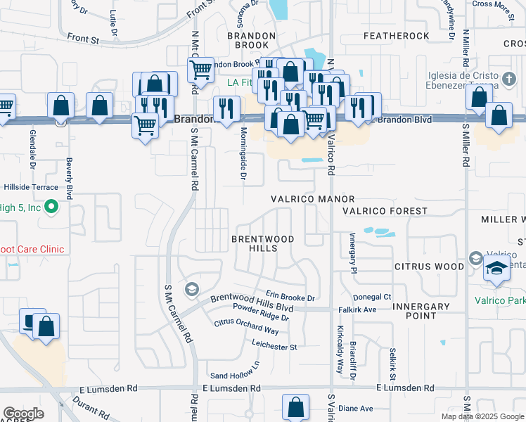map of restaurants, bars, coffee shops, grocery stores, and more near 515 Sand Ridge Drive in Valrico