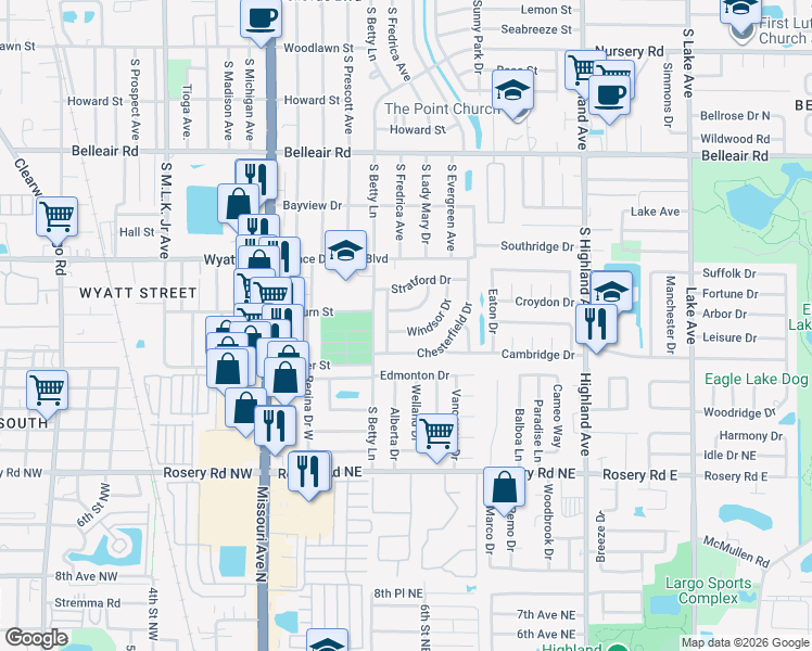 map of restaurants, bars, coffee shops, grocery stores, and more near 1324 Windsor Drive in Clearwater
