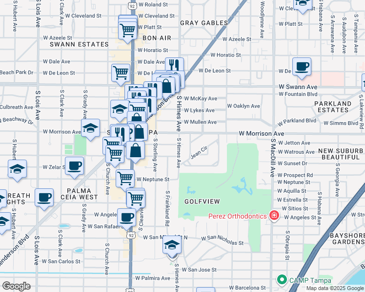 map of restaurants, bars, coffee shops, grocery stores, and more near 910 South Himes Avenue in Tampa