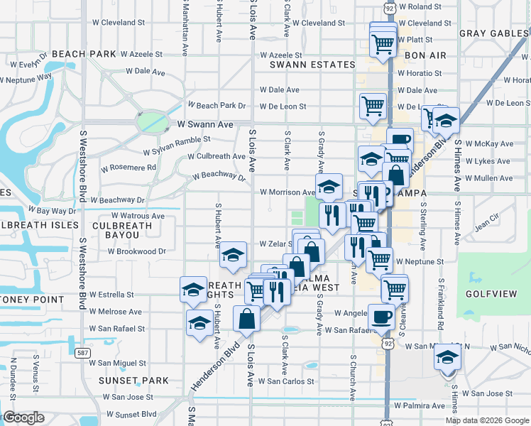 map of restaurants, bars, coffee shops, grocery stores, and more near 1009 Morrison Court in Tampa