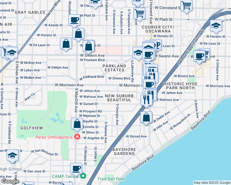 map of restaurants, bars, coffee shops, grocery stores, and more near 2604 West Jetton Avenue in Tampa