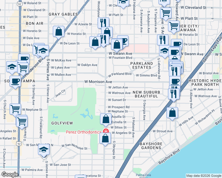 map of restaurants, bars, coffee shops, grocery stores, and more near 2722 West Jetton Avenue in Tampa