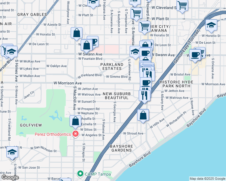 map of restaurants, bars, coffee shops, grocery stores, and more near 2604 West Jetton Avenue in Tampa