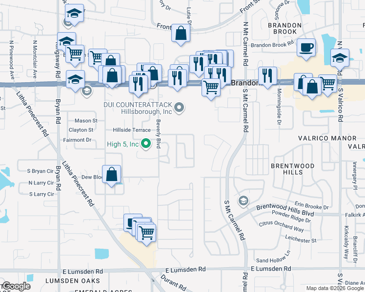 map of restaurants, bars, coffee shops, grocery stores, and more near 411 Shamrock Road in Brandon