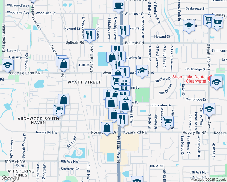 map of restaurants, bars, coffee shops, grocery stores, and more near 1751 South Missouri Avenue in Clearwater