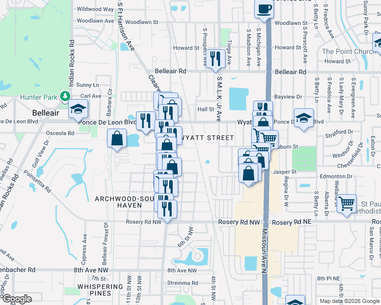 map of restaurants, bars, coffee shops, grocery stores, and more near 733 New Jersey Street in Clearwater