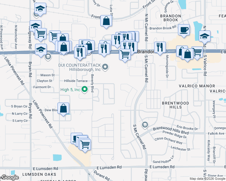 map of restaurants, bars, coffee shops, grocery stores, and more near 411 Shamrock Road in Brandon