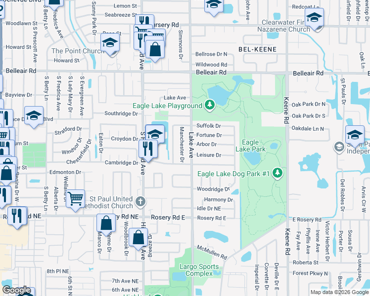 map of restaurants, bars, coffee shops, grocery stores, and more near 1739 Manchester Drive in Clearwater