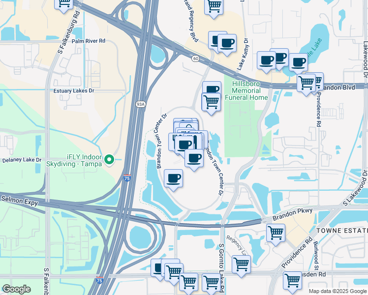 map of restaurants, bars, coffee shops, grocery stores, and more near 418 Brandon Town Center Drive in Brandon