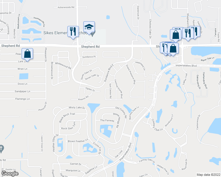 map of restaurants, bars, coffee shops, grocery stores, and more near 4371 Sun Center Road in Mulberry