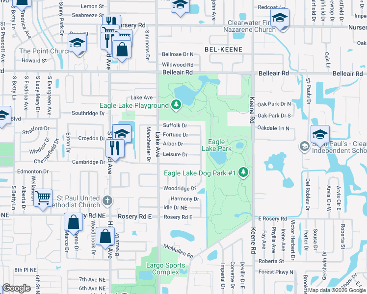 map of restaurants, bars, coffee shops, grocery stores, and more near 1655 Arbor Drive in Clearwater