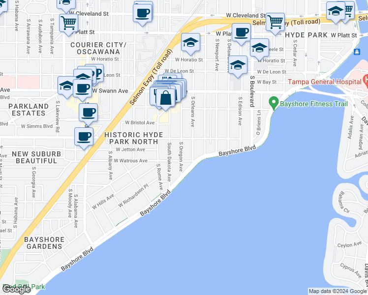 map of restaurants, bars, coffee shops, grocery stores, and more near 910 South Oregon Avenue in Tampa