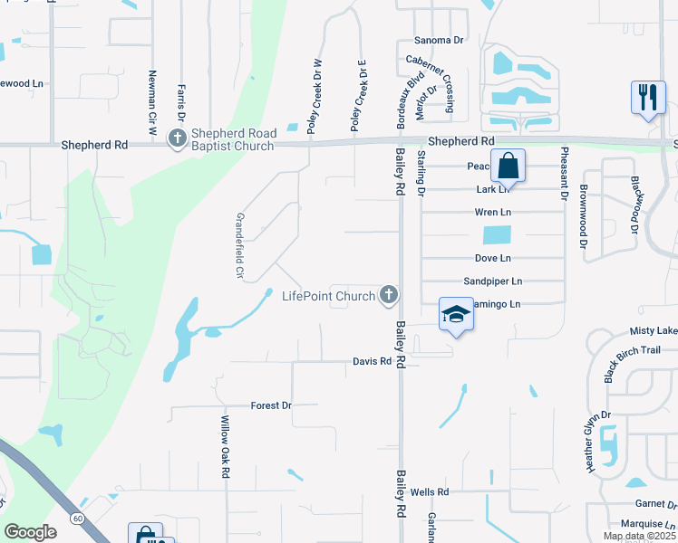 map of restaurants, bars, coffee shops, grocery stores, and more near 161 Heritage Park Lane in Mulberry
