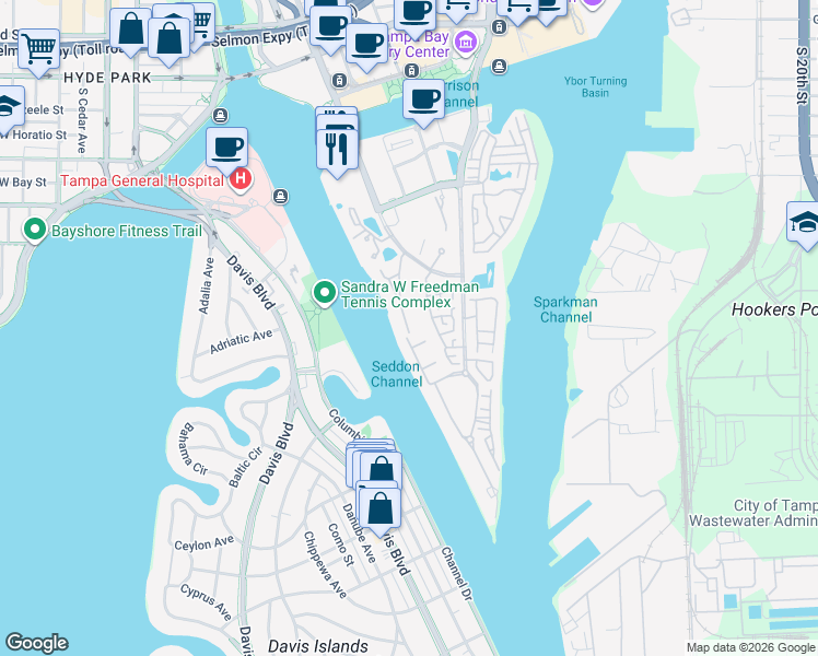 map of restaurants, bars, coffee shops, grocery stores, and more near 998 Anchorage Road in Tampa