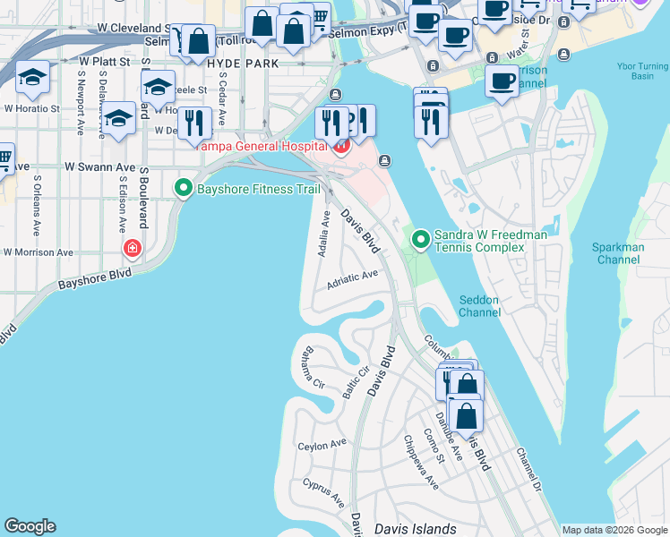map of restaurants, bars, coffee shops, grocery stores, and more near 54 Aegean Avenue in Tampa